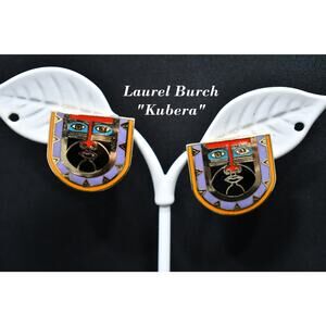 Laurel Burch "Kubera" Mask Tribal Post Earrings, Cloisonne Enamel, 1980s